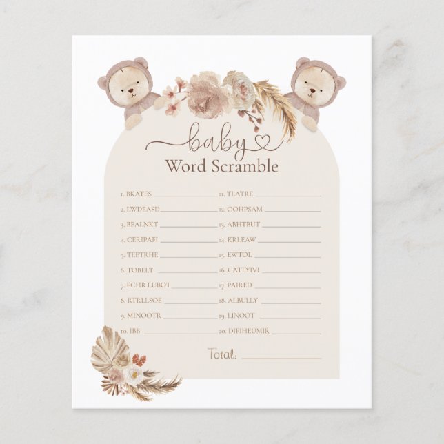Twins Stuffed Bears Word Scramble Baby Shower Game (Front)