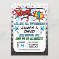 Twins Superhero 1st Birthday Invitation