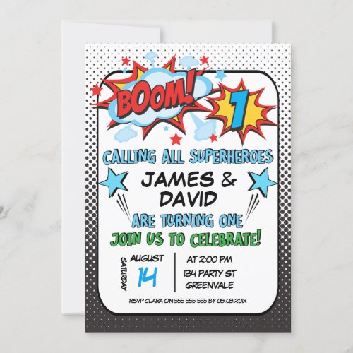 Twins Superhero 1st Birthday Invitation