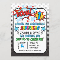 Twins Superhero 1st Birthday Invitation