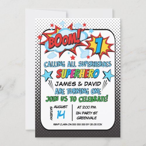 Twins Superhero 1st Birthday Invitation