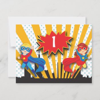 Twins Superhero Birthday  | Boy And Girl Invitation by OrangeOstrichDesigns at Zazzle