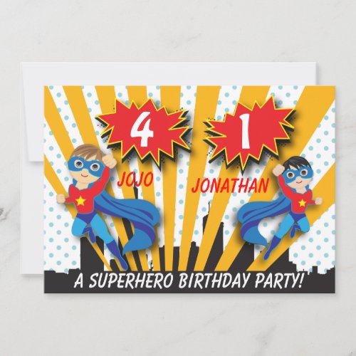 Twins Superhero Birthday  Boys BrownBlack Hair Invitation