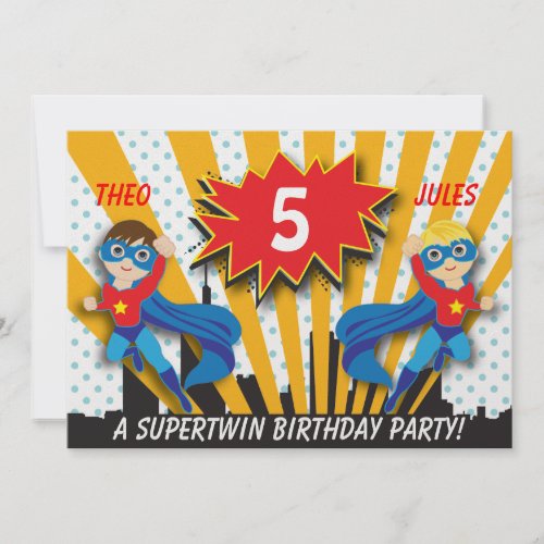 Twins Superhero Birthday | Boys Brown/Blonde Hair Custom Announcement