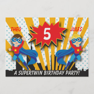 Twins Superhero Birthday Boys Brown/Blond Hair Invitation