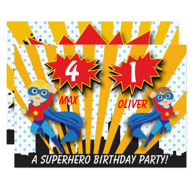 Twins Superhero Birthday | Boys Brown/Blonde Hair Invitation