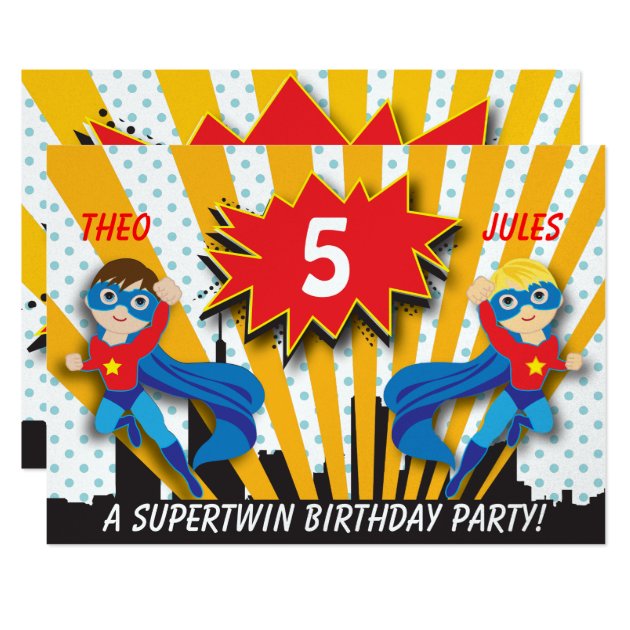 Twins Superhero Birthday | Boys Brown/Blonde Hair Invitation