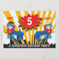 Twins Superhero Birthday | Boys Brown/Blonde Hair Invitation