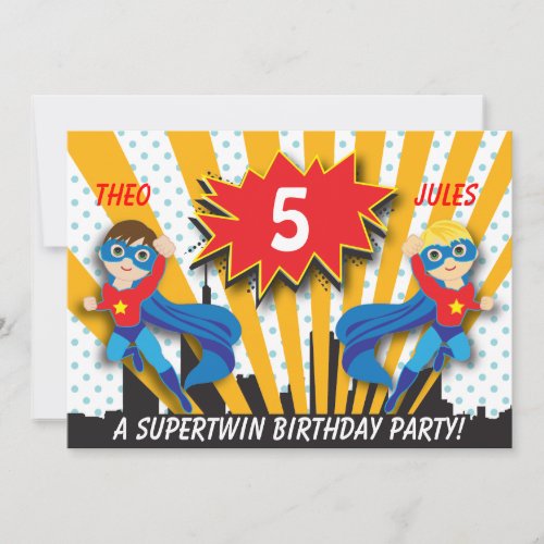 Twins Superhero Birthday  Boys BrownBlonde Hair Invitation