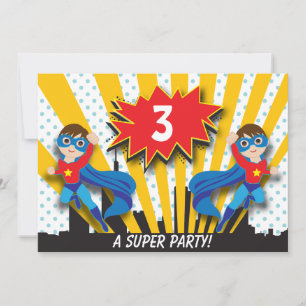 Twins Superhero Birthday Boys Brown Hair Invitation