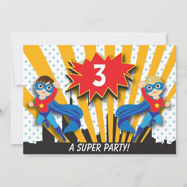 Twins Superhero Birthday | Boys Brown/Sandy Blonde Invitation (Front)