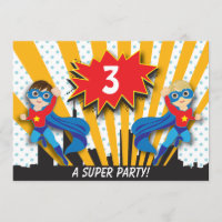 Twins Superhero Birthday | Boys Brown/Sandy Blonde Invitation