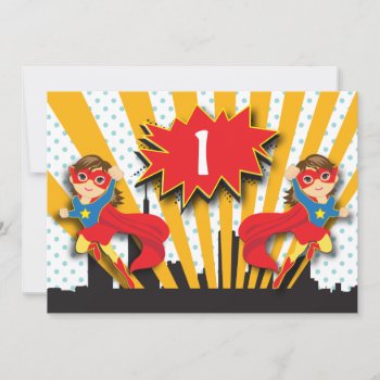 Twins Superhero Birthday | Brown Hair Girls Card Invitation by OrangeOstrichDesigns at Zazzle