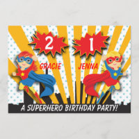 Twins Superhero Birthday | Girls Red/Blonde Hair Invitation