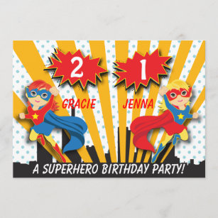 30 Superhero Princess Invitation Cards Kids Birthday Party Girl Boy Twins A1 