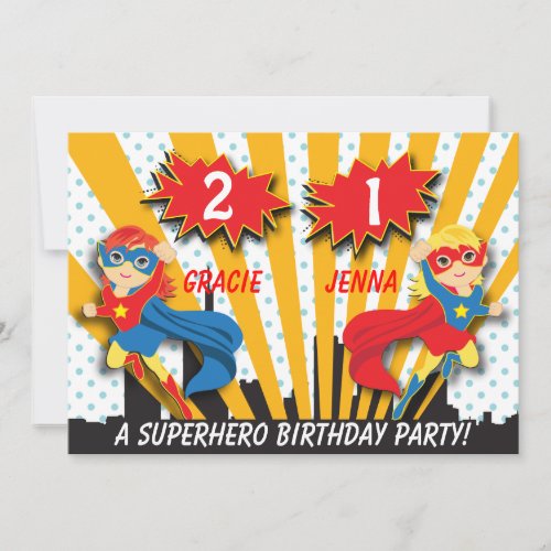 Twins Superhero Birthday  Girls RedBlonde Hair Invitation