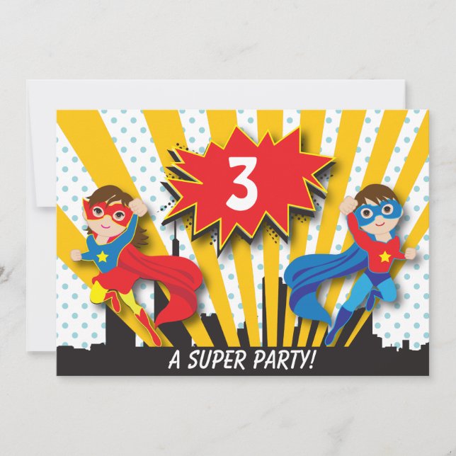 Twins Superhero Birthday Invitation (Front)