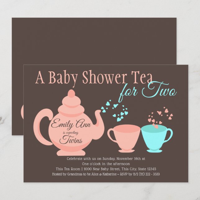 Twins Tea Party Baby Shower Invitation (Front/Back)