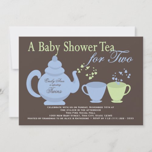 Twins Tea Party Blue Green Baby Shower Invite