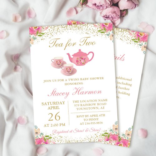 Twins Tea Party Floral Baby Shower With Details Invitation