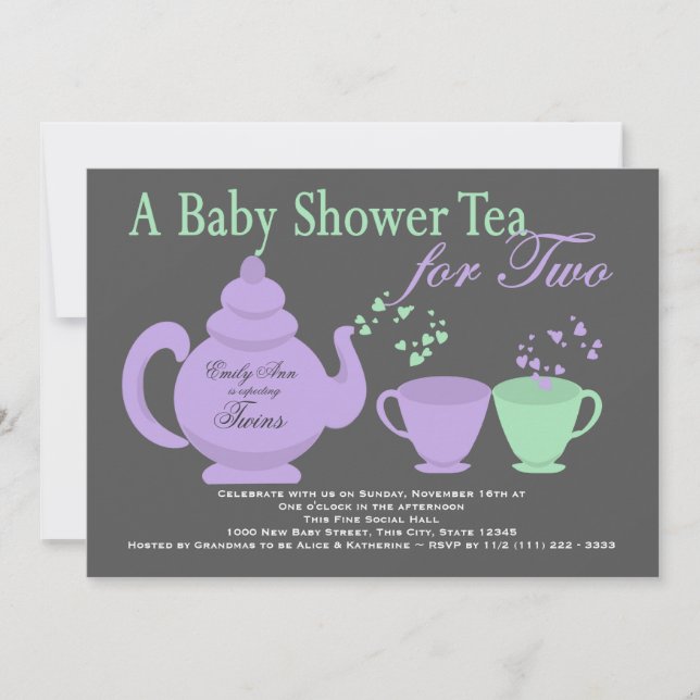 Twins Tea Party Purple Green Baby Shower Invitation (Front)