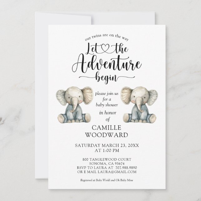 Twins Teddy Baby Elephants Baby Shower Invitation (Front)