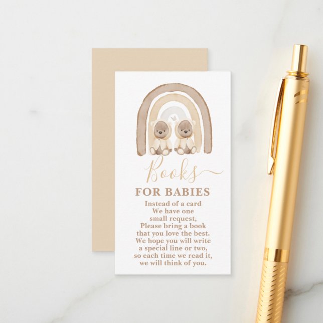 Twins Teddy Bear and Rainbow Books for Babies Card (Front/Back In Situ)