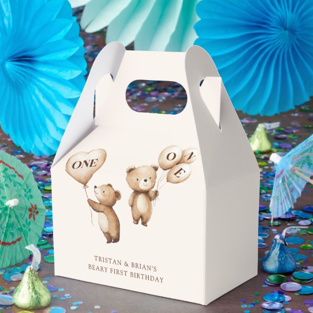 Twins Teddy Bear Balloons 1st Birthday Favor Boxes (Party)