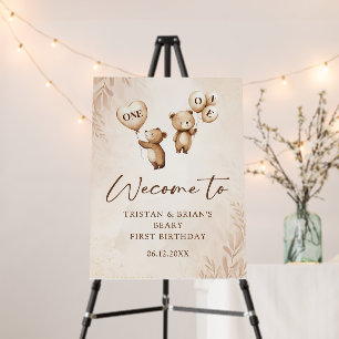 Twins Teddy Bear Balloons 1st Birthday Foam Board