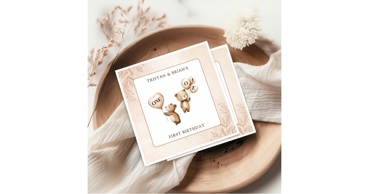 Twins Teddy Bear Balloons 1st Birthday Napkins | Zazzle
