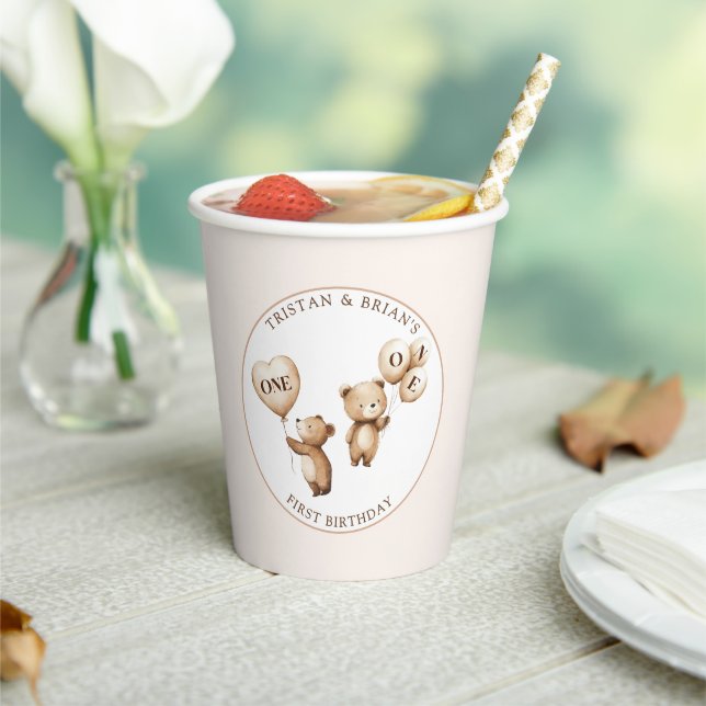 Twins Teddy Bear Balloons 1st Birthday Paper Cups (Insitu)