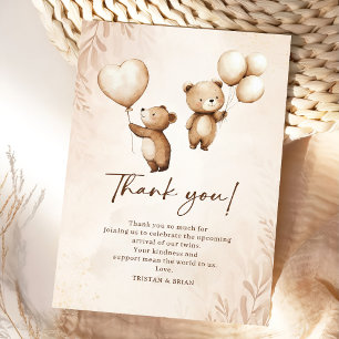 Twins Teddy Bear Balloons Baby Shower Thank You Card
