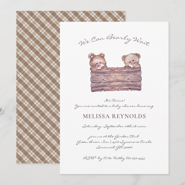 Twins | Teddy Bear "Bearly Wait" Baby Shower Invitation (Front/Back)