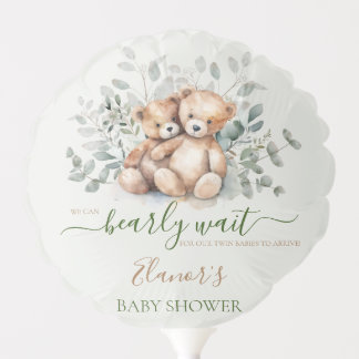 Twins Teddy Bear Boho Greenery Baby Shower Balloon