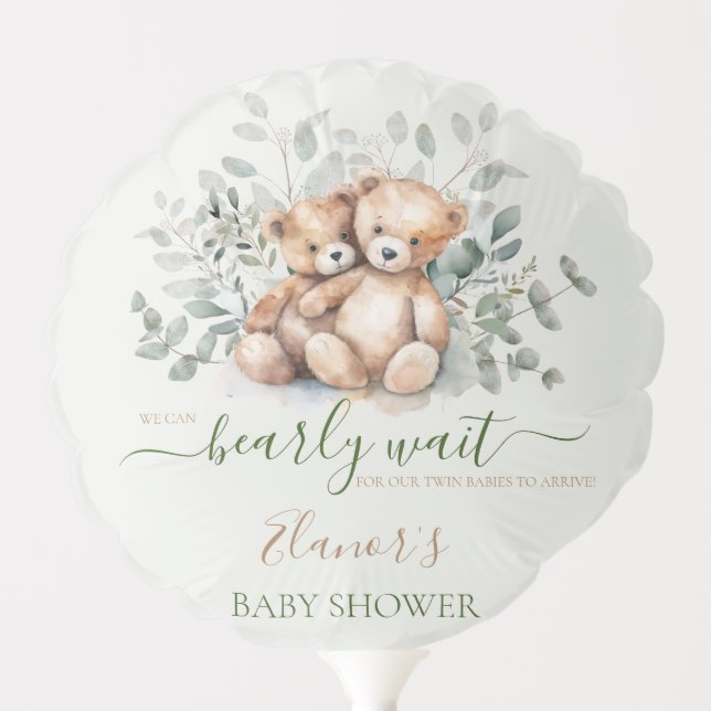 Twins Teddy Bear Boho Greenery Baby Shower Balloon (Front)
