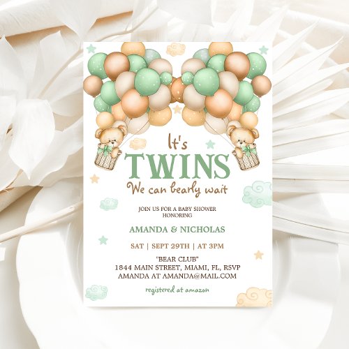 Twins Teddy Bear Green Baby Shower Invitation