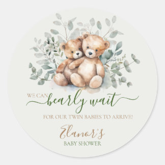 Twins Teddy Bear Greenery Boho Neutral Baby Shower Classic Round Sticker