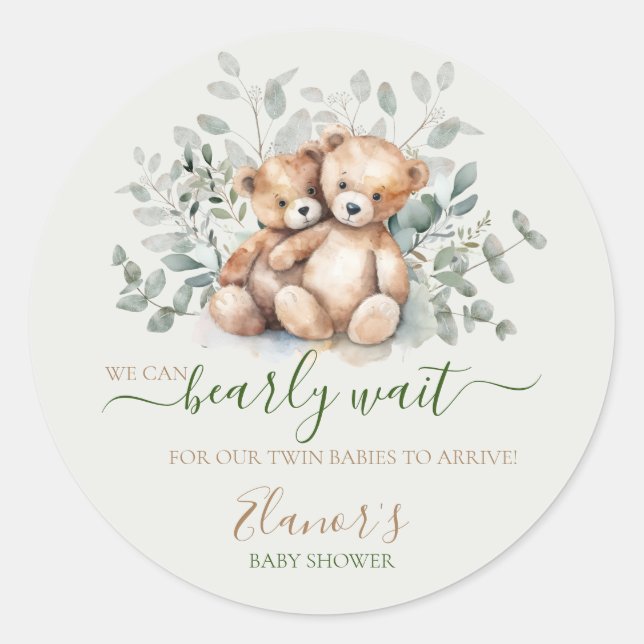 Twins Teddy Bear Greenery Boho Neutral Baby Shower Classic Round Sticker (Front)