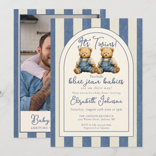 Twins Teddy Bear Photo QR Code Boy Baby Shower Invitation
