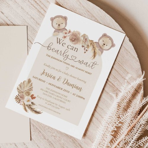 Twins Teddy Bear We Can Bearly Wait Baby Shower Invitation