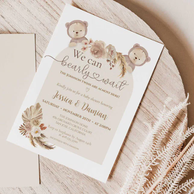 Twins Teddy Bear, We Can Bearly Wait Baby Shower Invitation | Zazzle