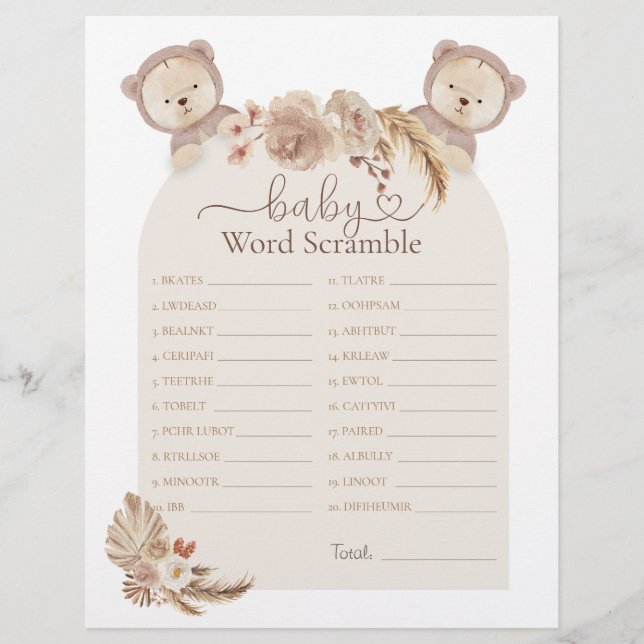 Twins Teddy Bear Word Scramble Baby Shower Game (Front)