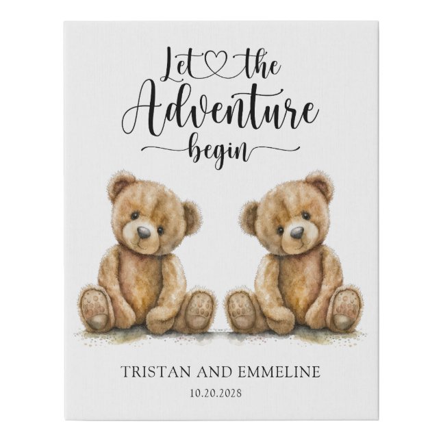 Twins Teddy Bears Adventure Begins Faux Canvas Print (Front)