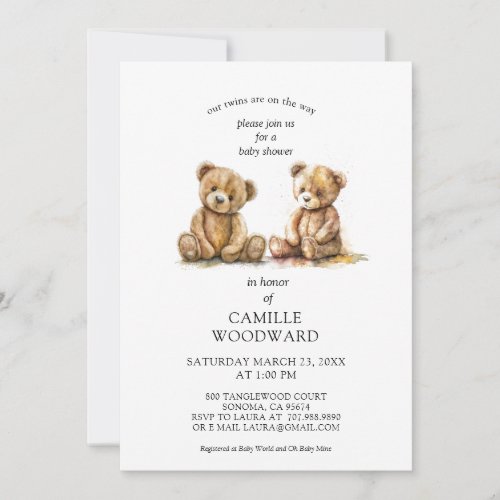 Twins Teddy Bears Baby Shower Invitation