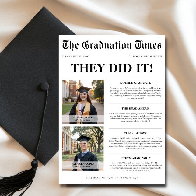 Twins They Did It Joint Graduation Newspaper Photo Invitation (Creator Uploaded)