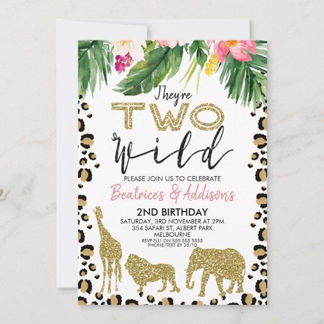 Twins They're Two Wild 2nd Birthday Invitation (Front)