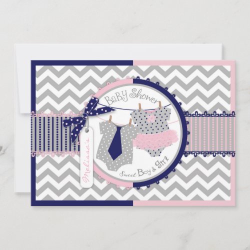 Twins Tie Tutu Chevron Baby Shower Invitation