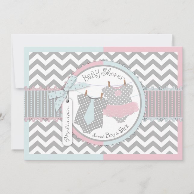 Twins Tie Tutu Chevron Baby Shower Invitation (Front)