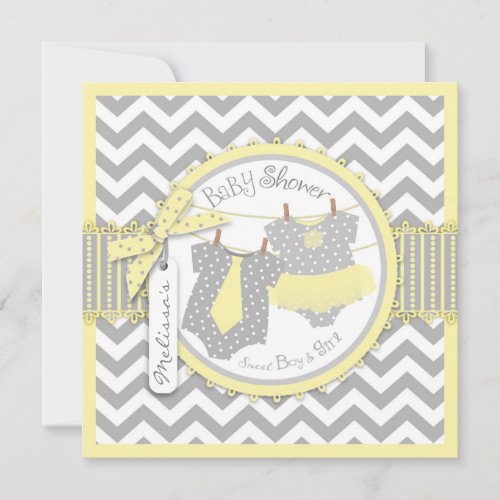 Yellow Tutus &amp; Chevron Twin Boy Girl Baby Shower Custom Invites