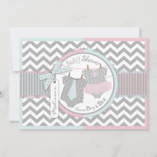 Blue Tie &amp; Pink Tutu &amp; Chevron Twins Baby Shower Invitation